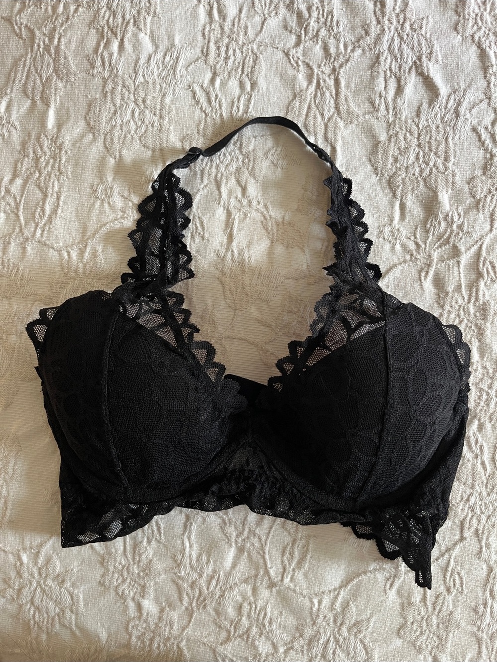 PINK Victoria's Secret Black Lace Halter Push-Up Bralette